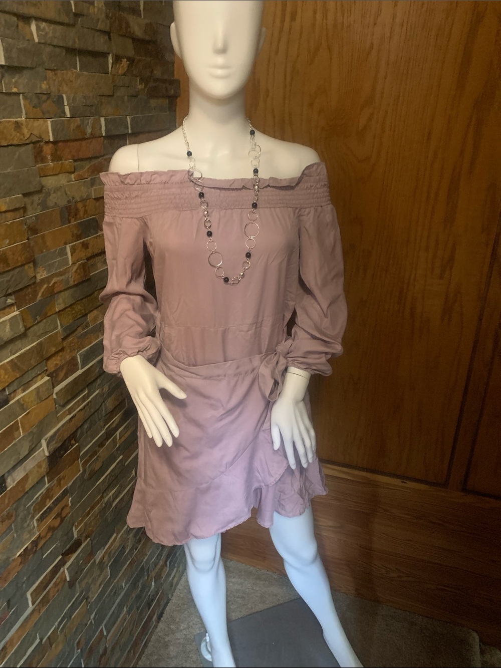 Express Off-Shoulder Long Sleeve Wrap Dress in Mauve